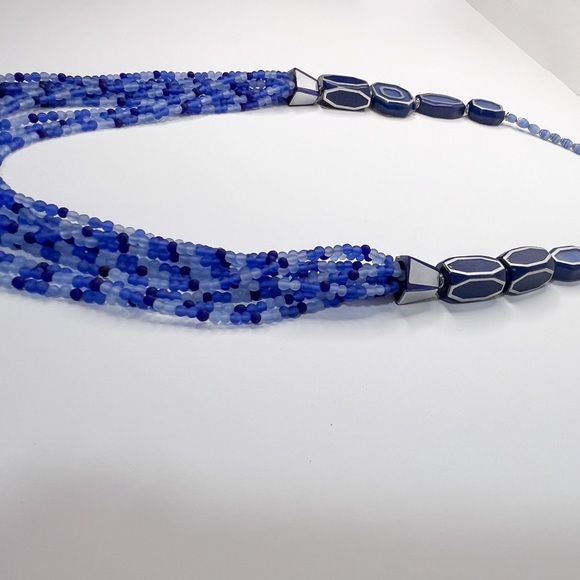NWOT Blue Beaded Multi-Strand Necklace | Colbalt Blue Silver Statement Jewelry - Picture 3 of 6
